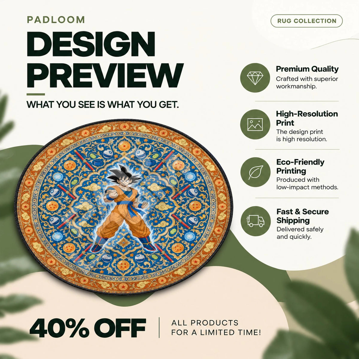 Goku Aura Dragon Ball round rug full design preview