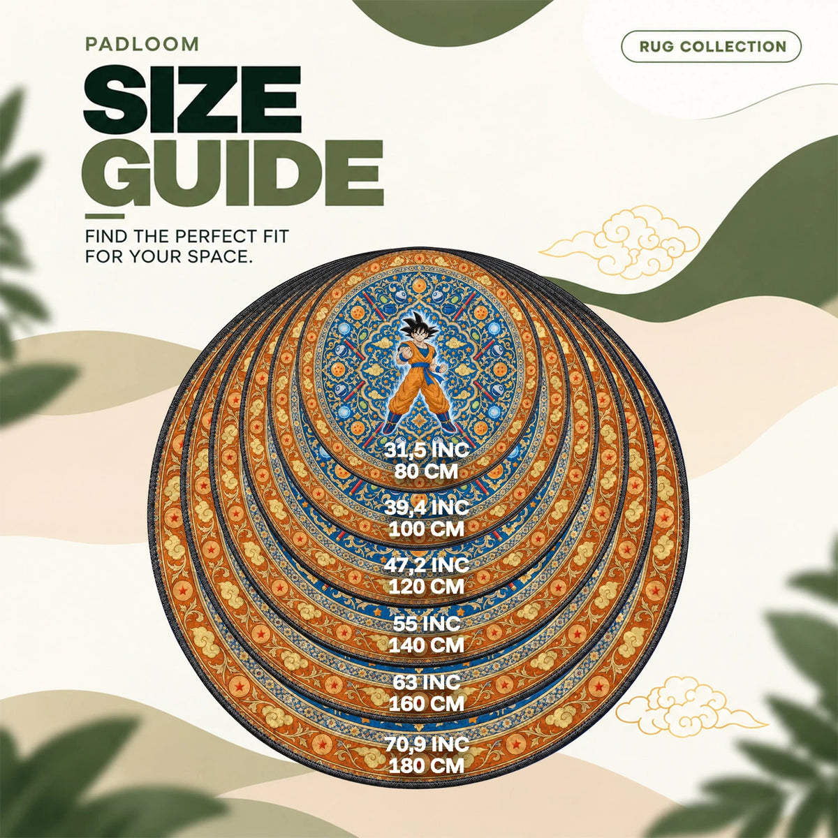 Goku Aura round rug size guide, 80 to 180 cm (31.5 to 70.9 in)