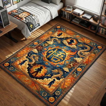 Goku Go Kanji symbol 悟 surrounded by Shenron dragons and dragon balls in ancient tapestry style area rug and floor mat