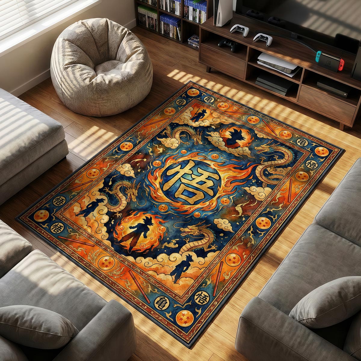 Goku Kanji themed area rug for home decor fans