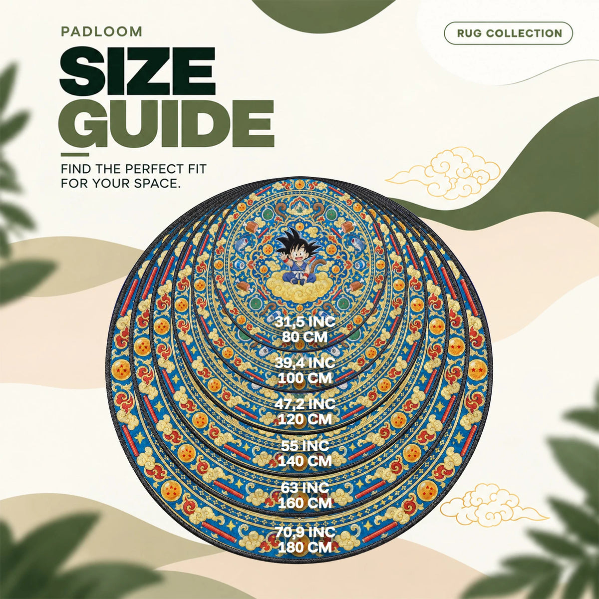 Goku Waving round rug size guide, 80 to 180 cm (31.5 to 70.9 in)