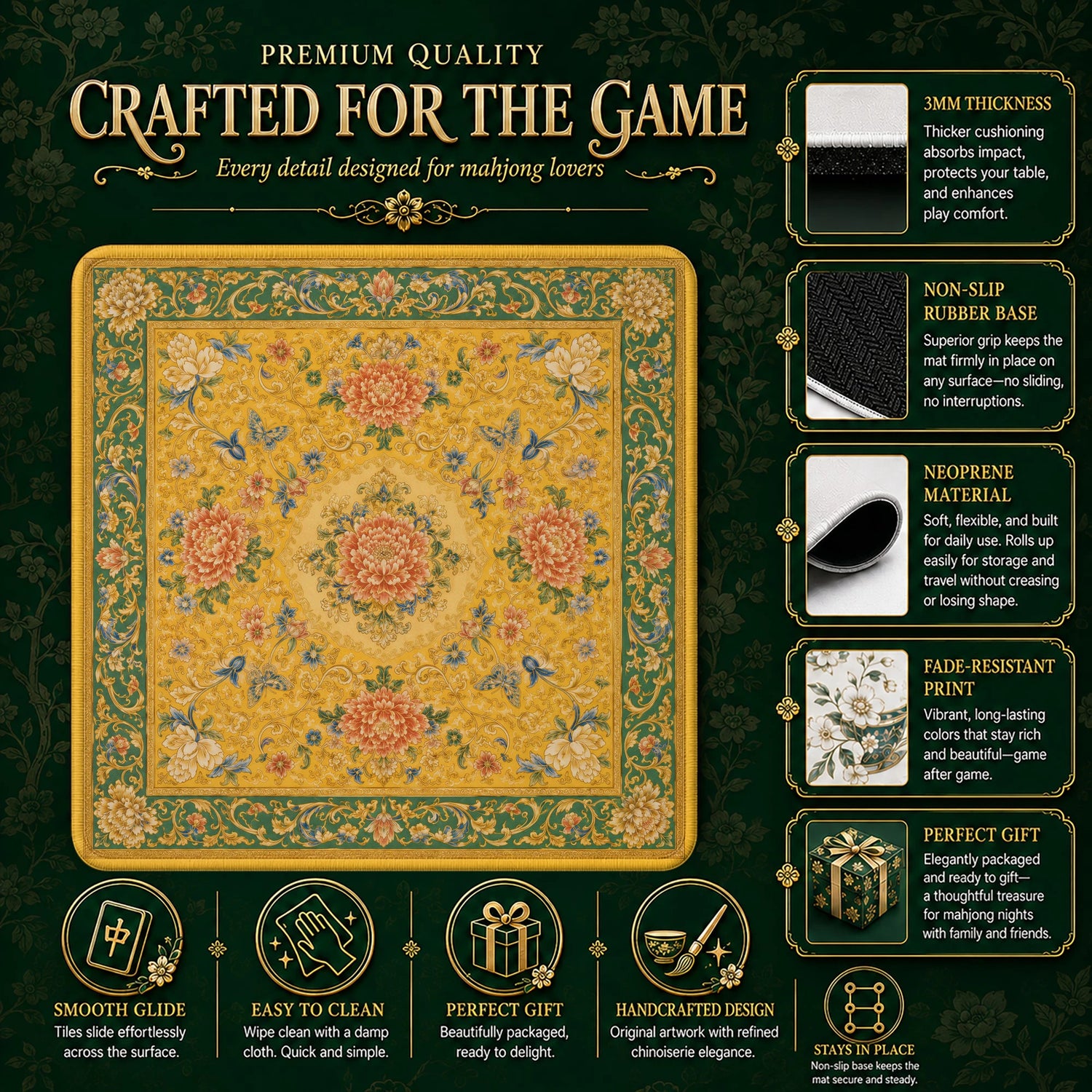 Gold Chrysanthemum Mahjong Mat - Mah Jongg Mat
