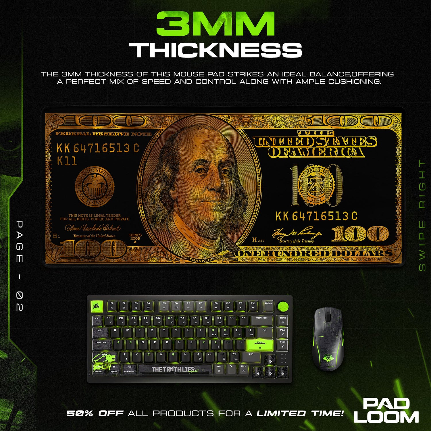 Gold Hundred Dollar Mouse Pad, Abstract Gamer Desk Mat Padloom