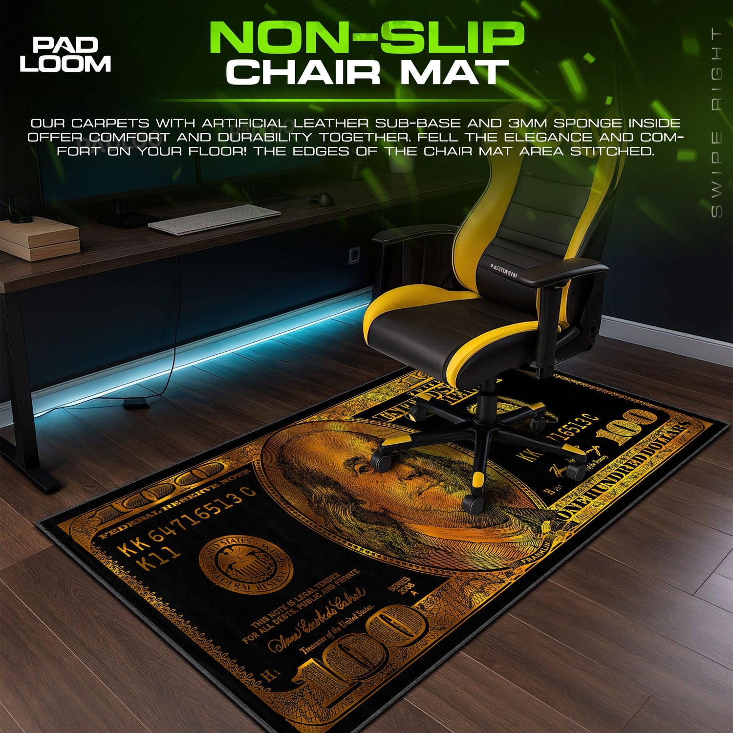 Gold Hundred Dollar Mouse Pad, Abstract Gamer Desk Mat Padloom