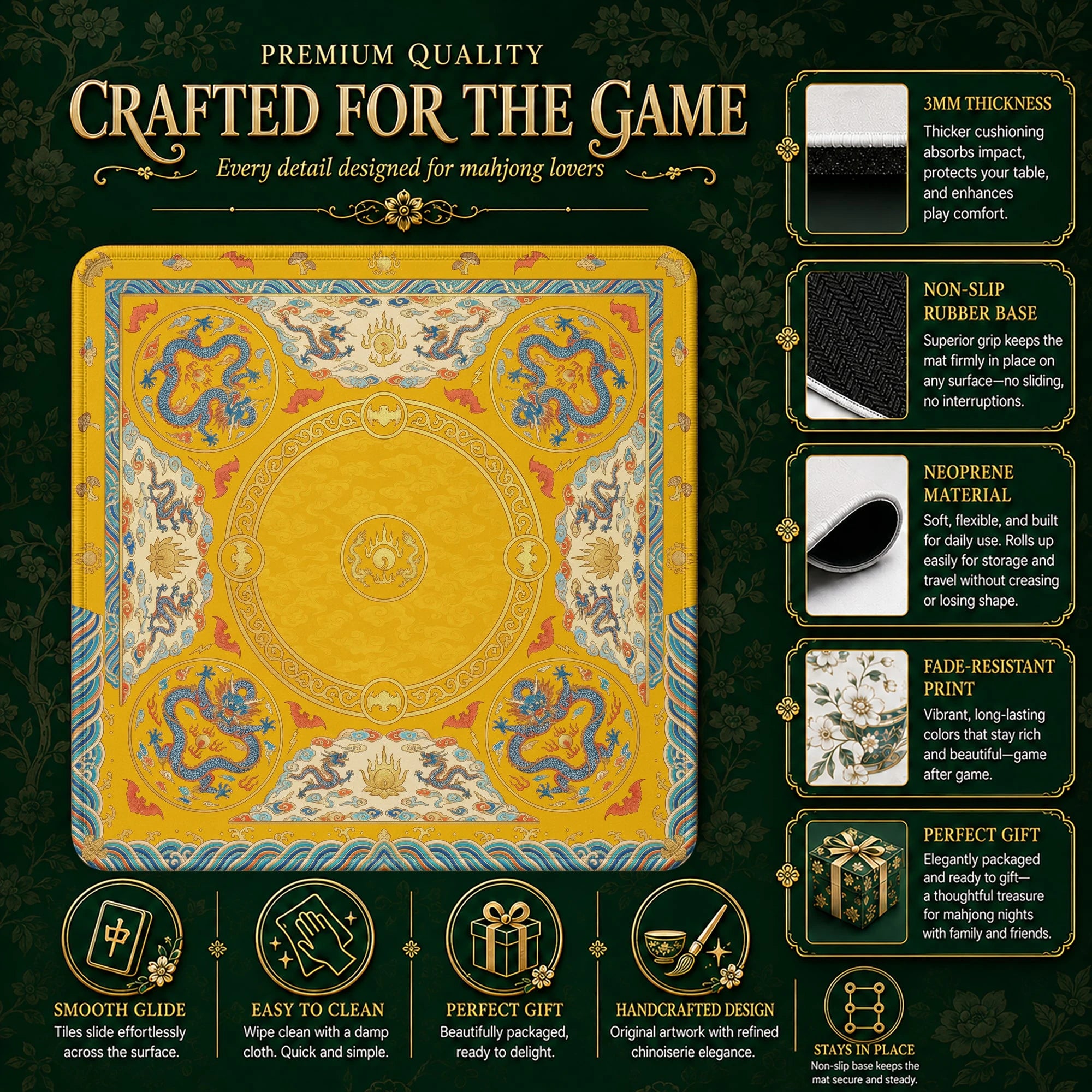 Gold Imperial Dragon Mahjong Mat - Mah Jongg Mat