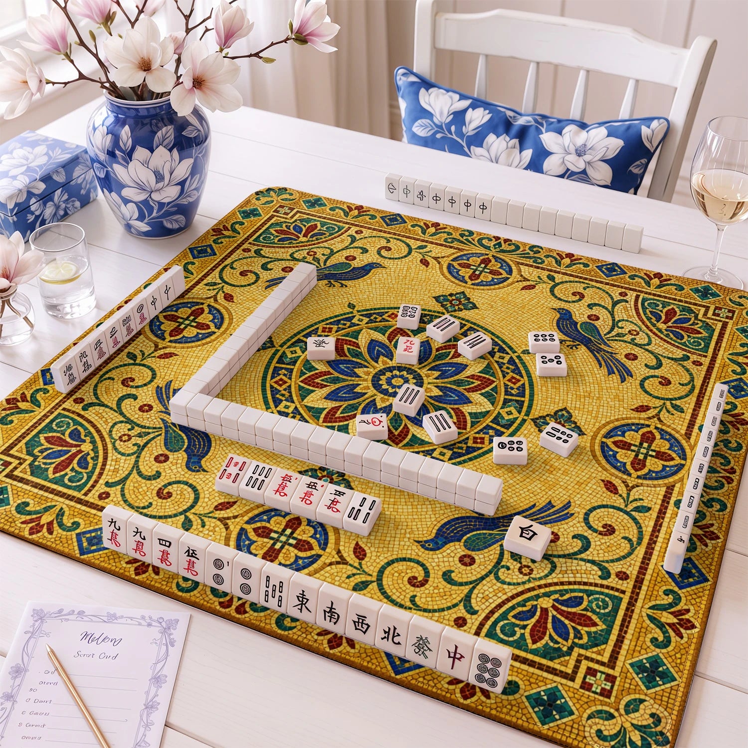 Gold Mosaic Bird mahjong mat – M (60x60 cm) and L (81x81 cm) sizes