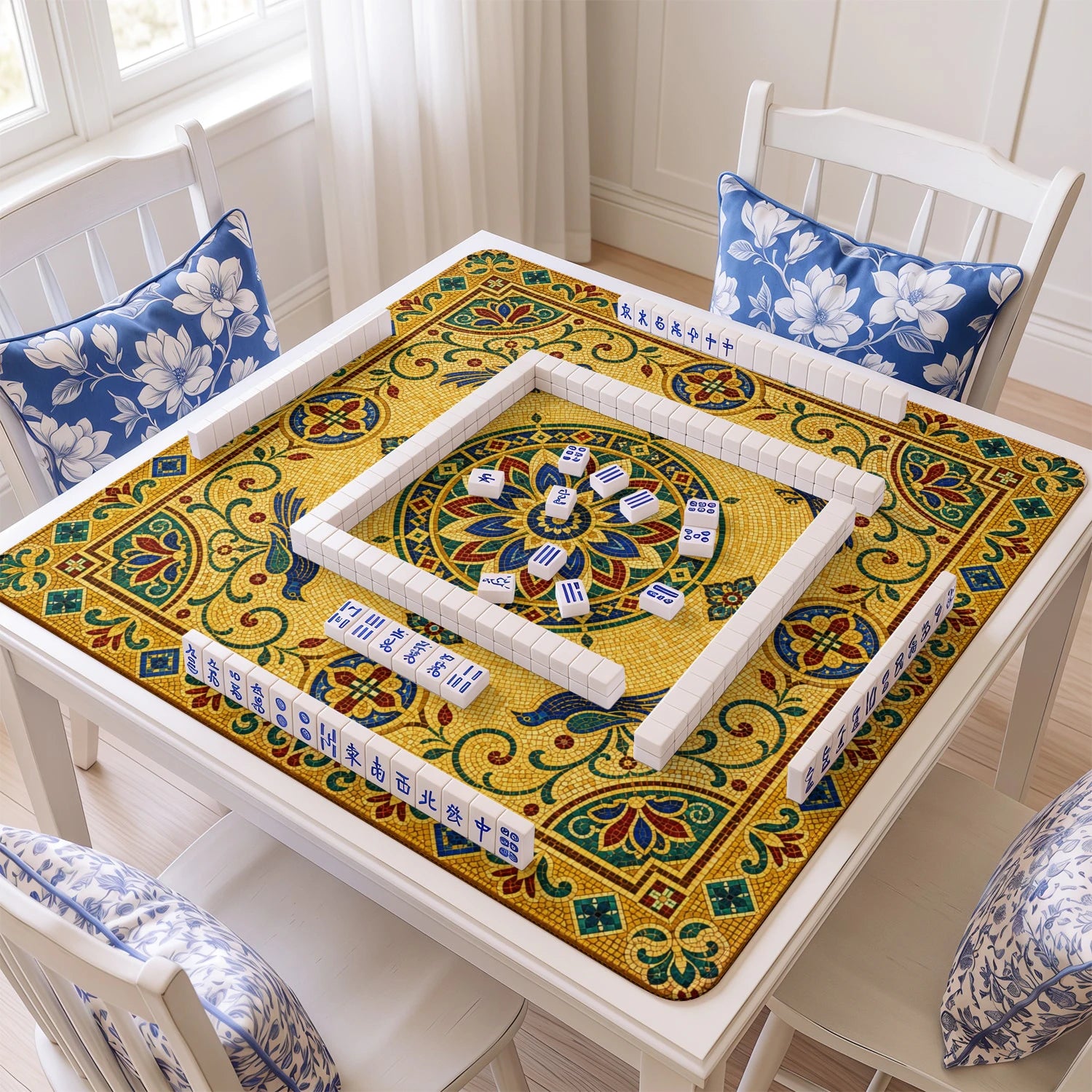 Gold Mosaic Bird mahjong mat with tiles and racks on the table