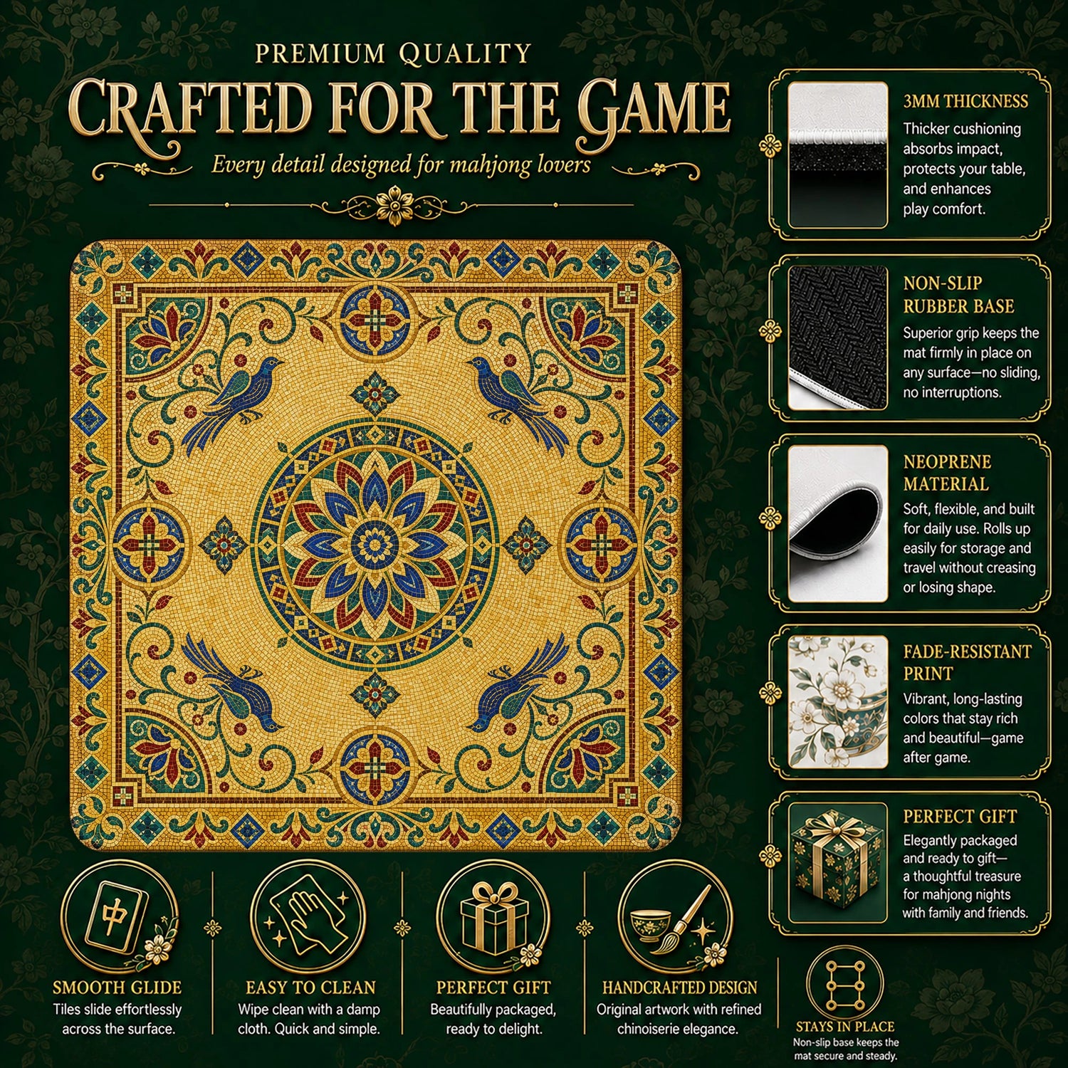 Gold Mosaic Bird Mahjong Mat – neoprene mah jongg table mat