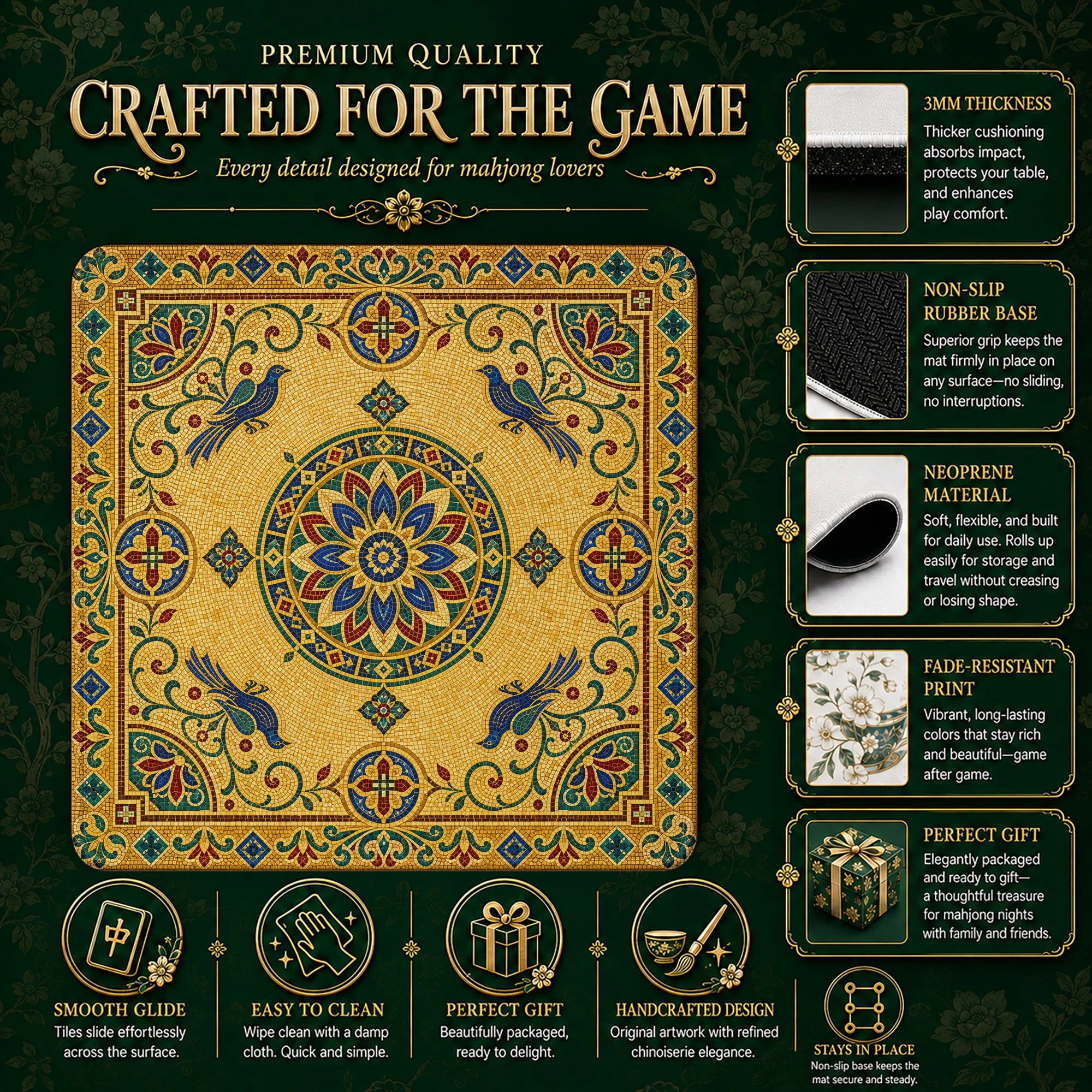 Gold Mosaic Bird Mahjong Mat – neoprene mah jongg table mat
