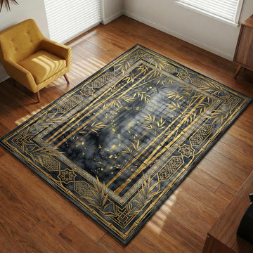 Golden bamboo grove area rug with charcoal watercolor wash and gold leaf lattice border