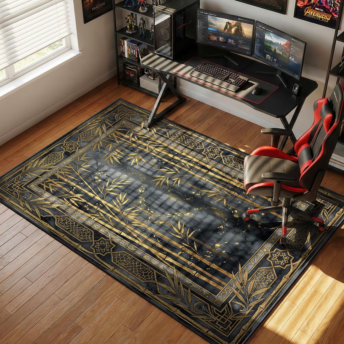 Asian-inspired bamboo rug placed in a minimalist living room with warm ambient lighting