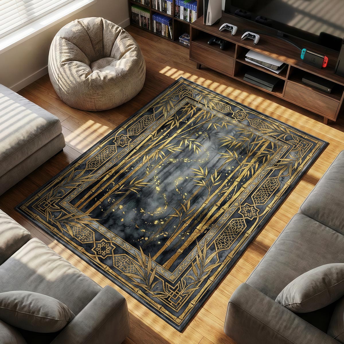 Close-up of bamboo grove area rug showing dye-sublimation gold tones on velvet surface