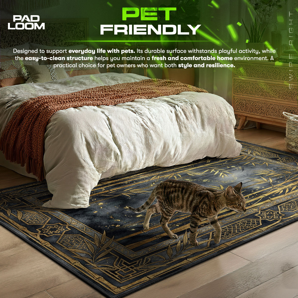 Golden Bamboo themed area rug for home decor fans