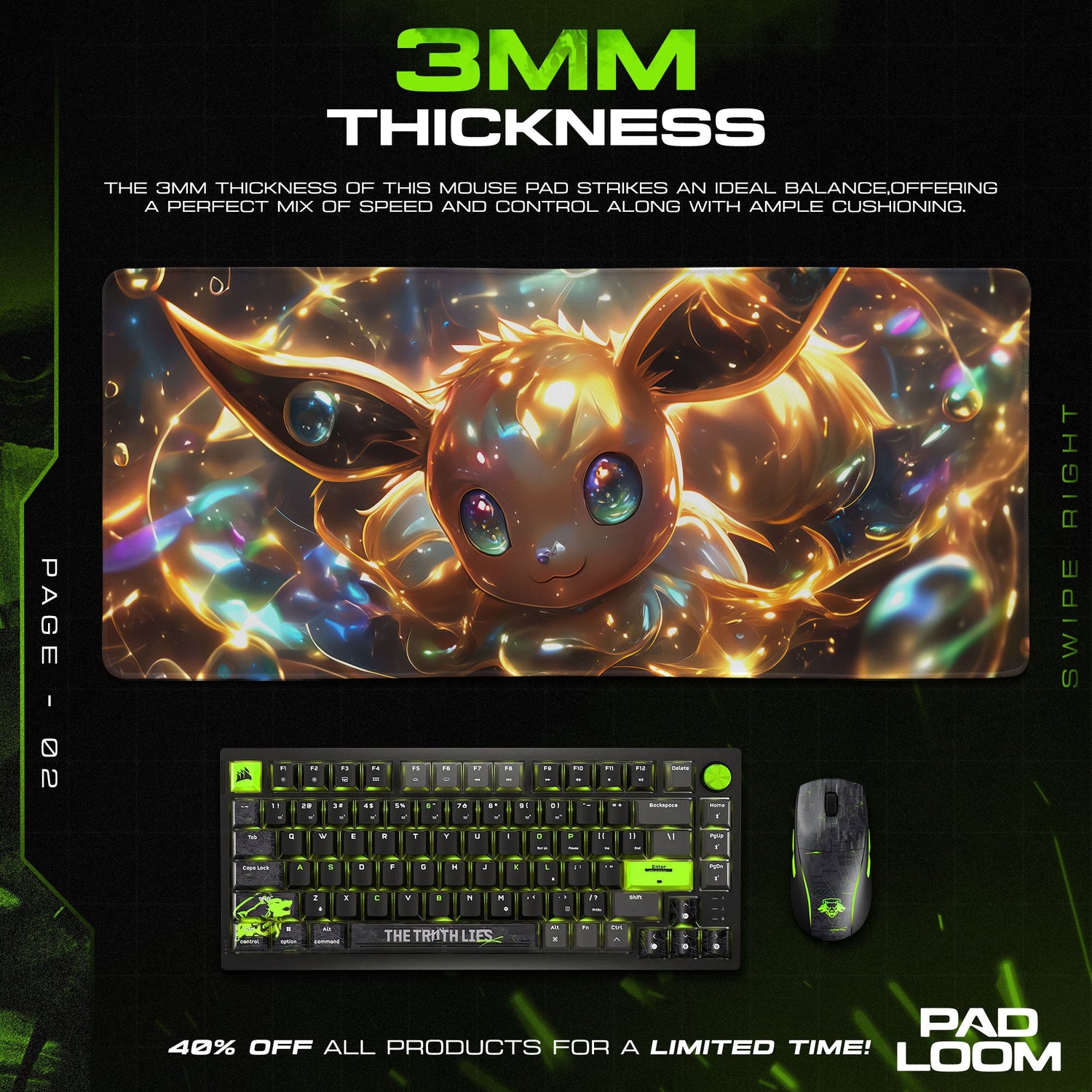 Golden Glow Eevee Mouse Pad, Pokémon Shine Evolution Gaming Desk Mat Padloom