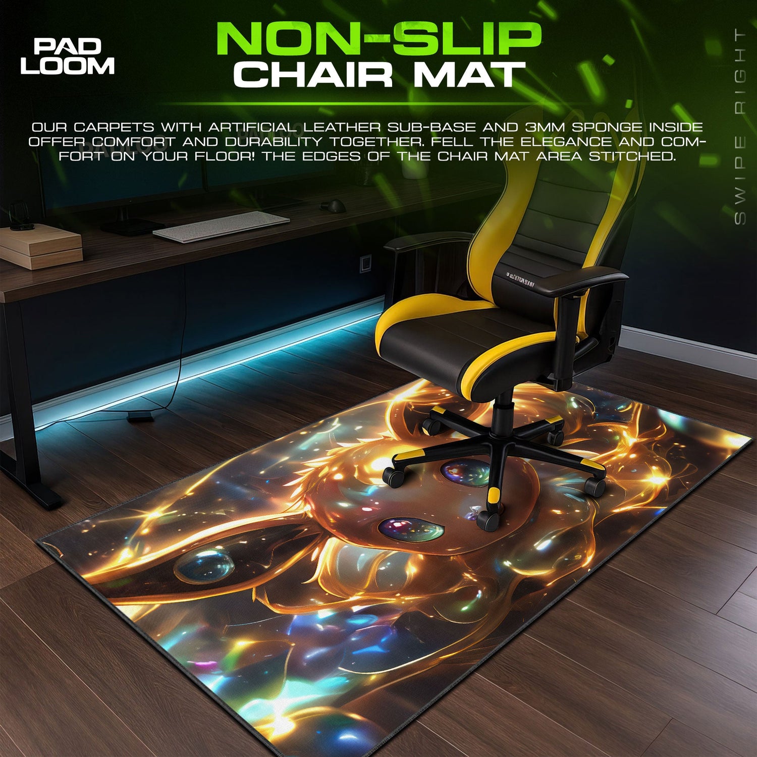 Golden Glow Eevee Mouse Pad, Pokémon Shine Evolution Gaming Desk Mat Padloom