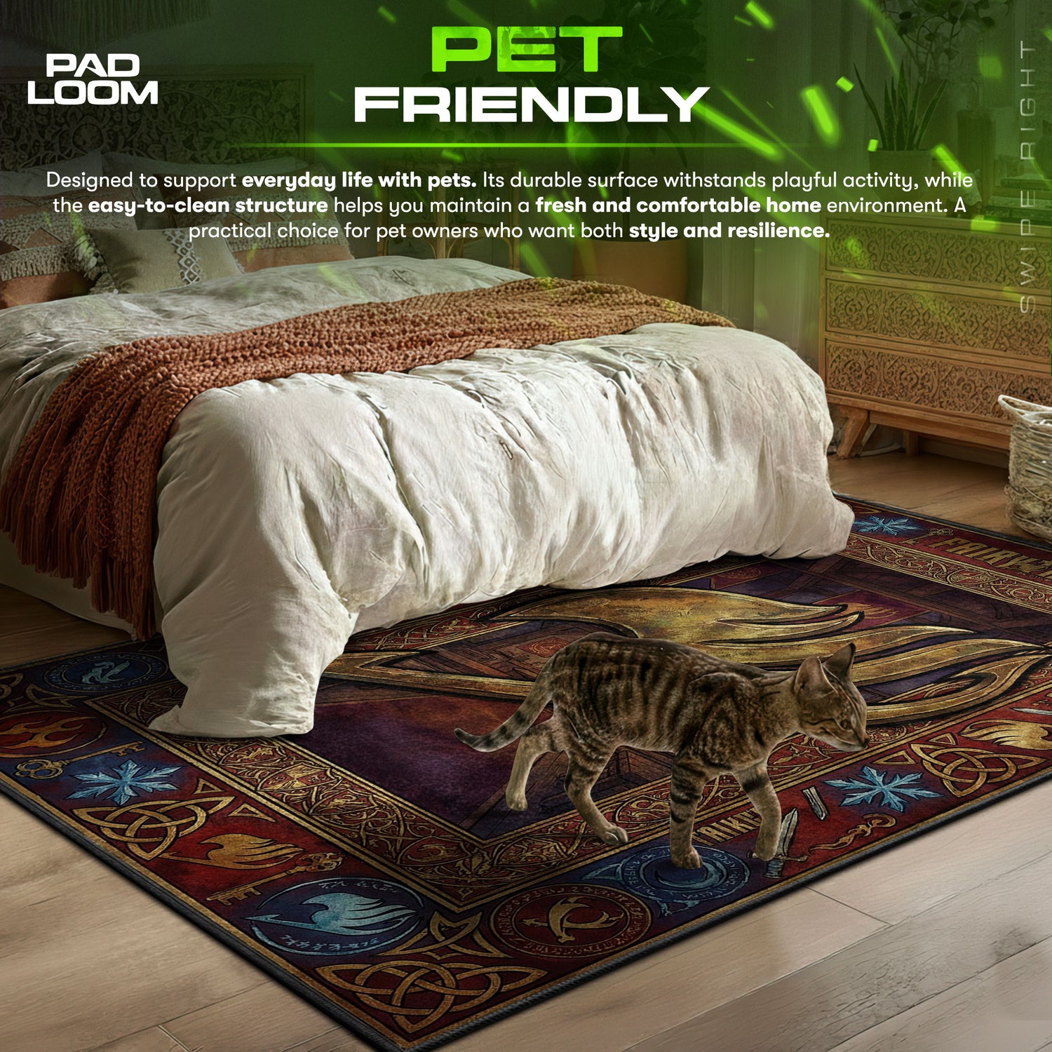 Golden area rug showing full Vintage artwork