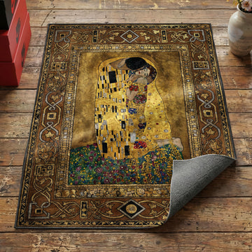 Klimt golden kiss embrace area rug with couple in patterned robes on flower meadow mosaic border
