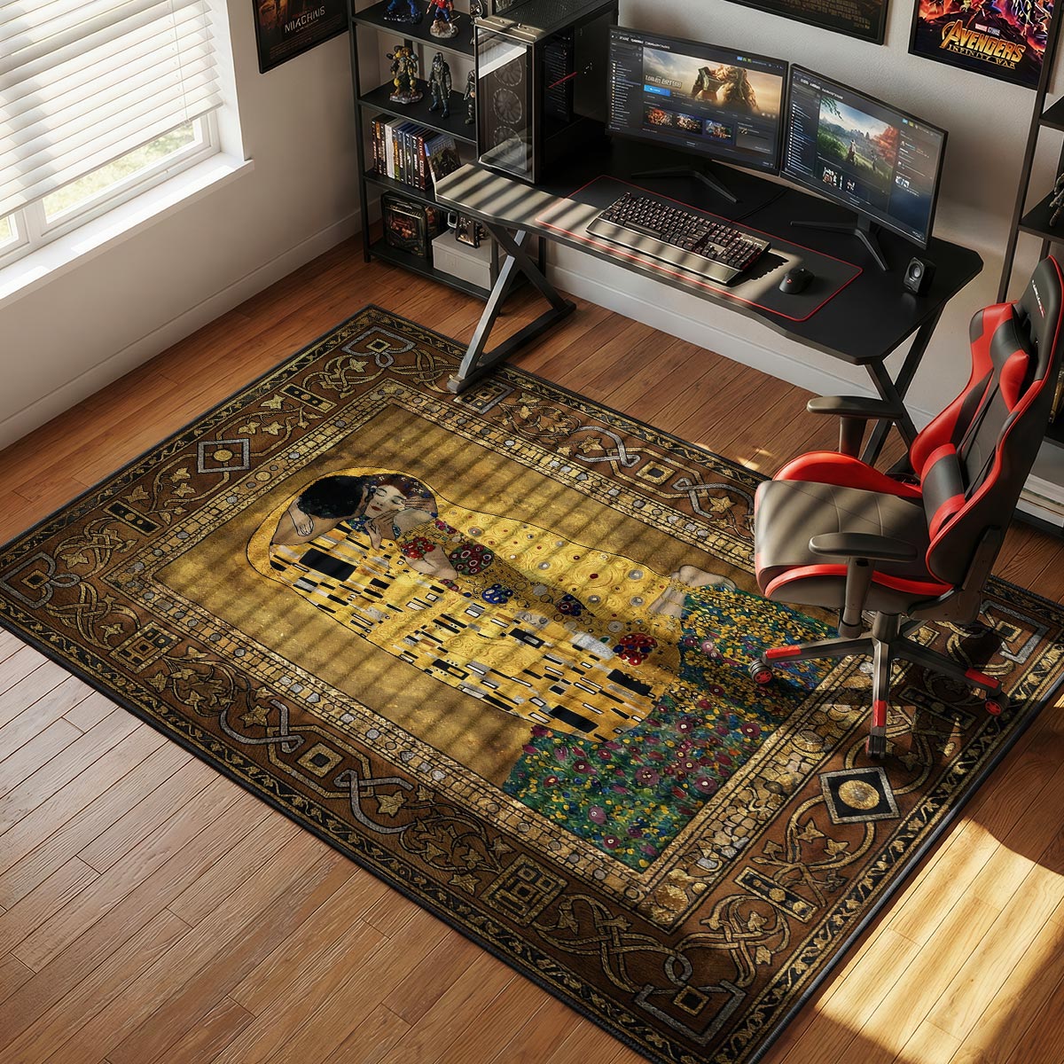 Golden kiss rug placed beside a bed in a warm bedroom with dark wood frame and candlelight