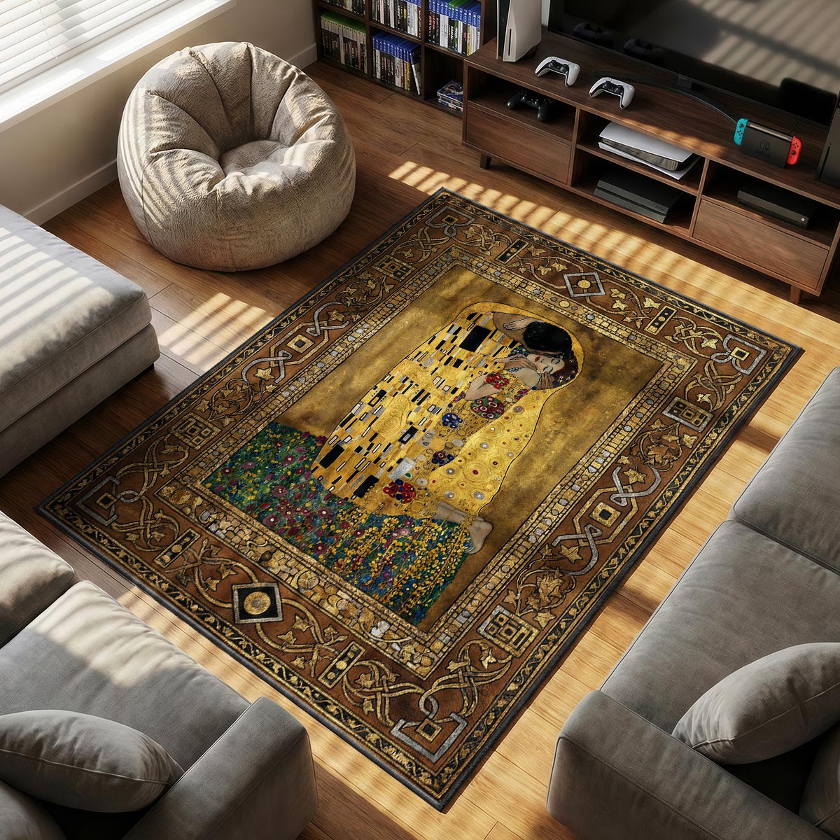 Close-up of golden kiss rug showing geometric robe pattern and jewel-tone detail on velvet surface