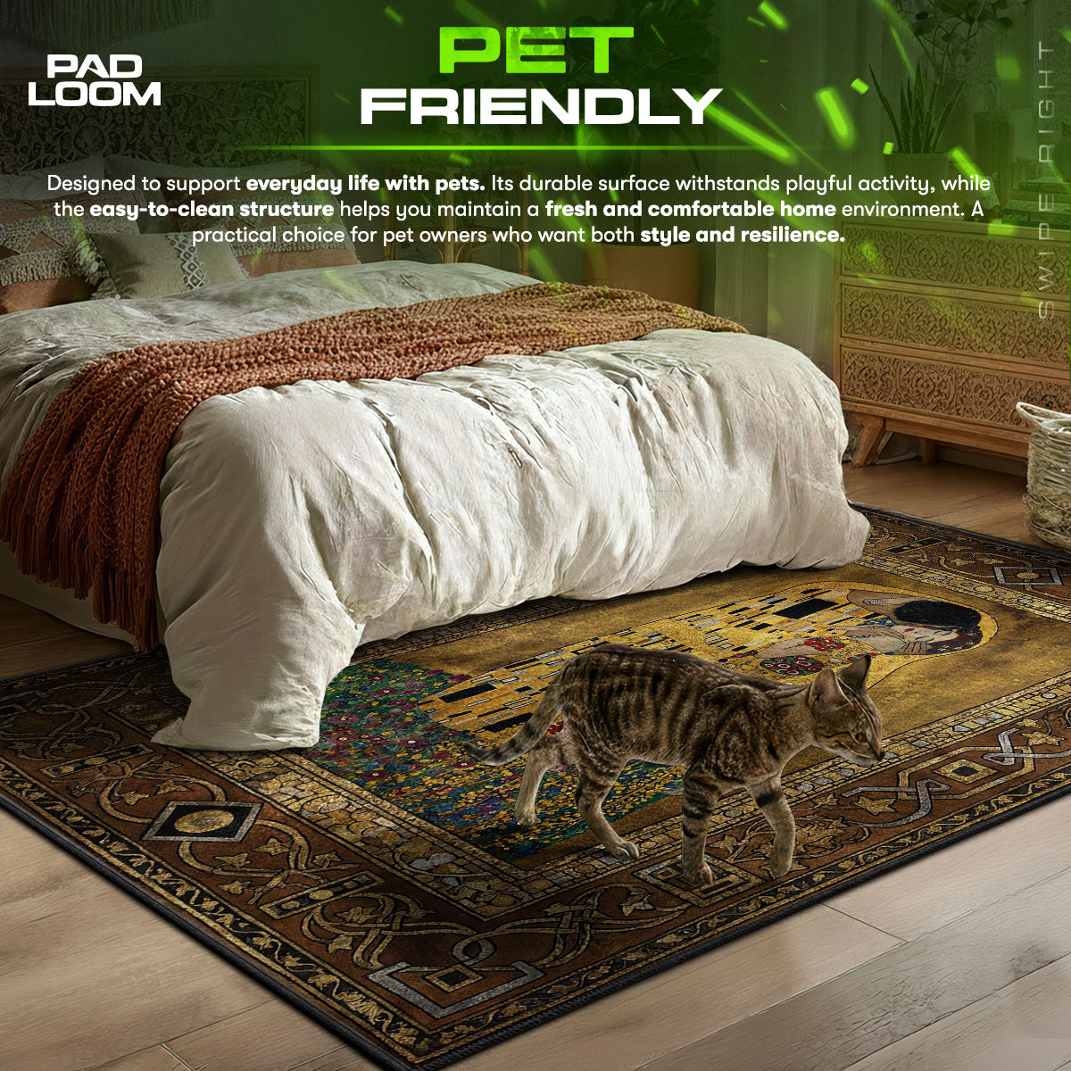 Golden Kiss themed area rug for home decor fans