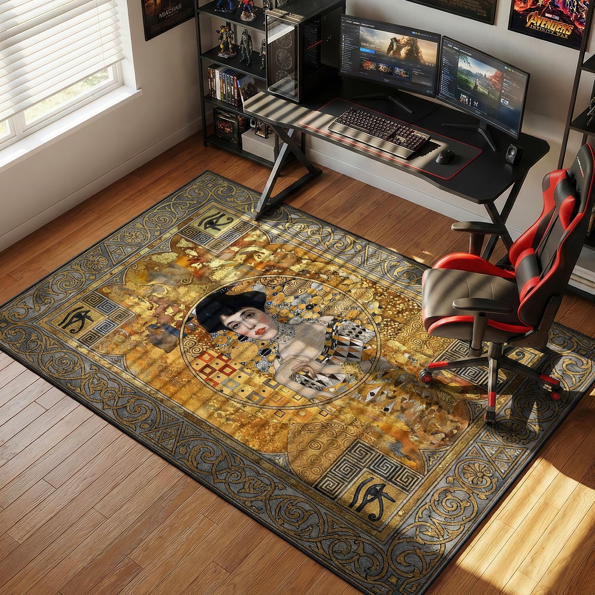 Klimt Egyptian muse rug placed in a living room with dark plum walls and mixed-era art decor