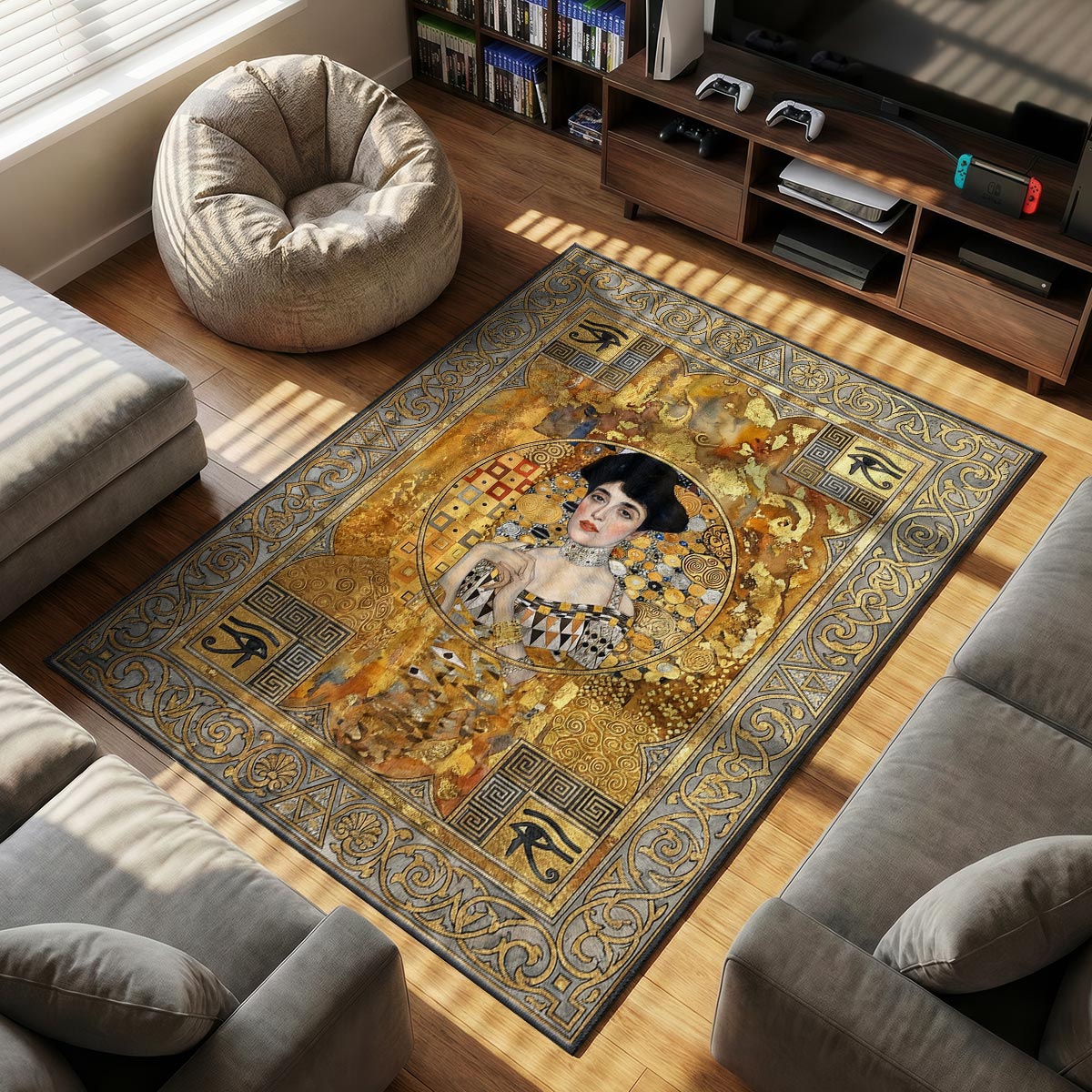 Close-up of golden muse rug showing harlequin dress detail and Eye of Horus corner on velvet surface