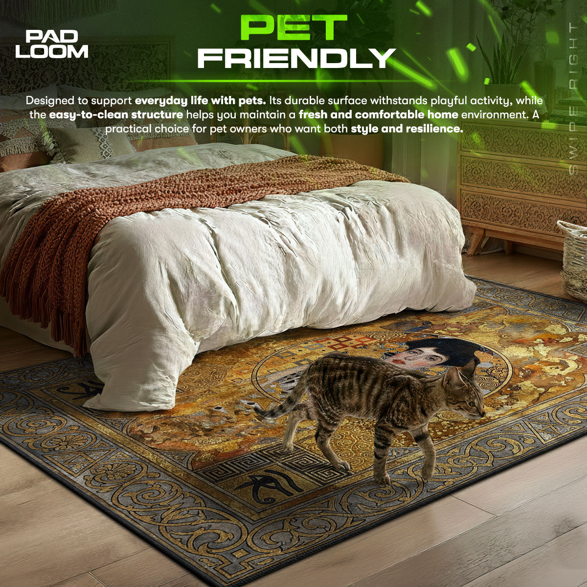 Golden Muse themed area rug for home decor fans