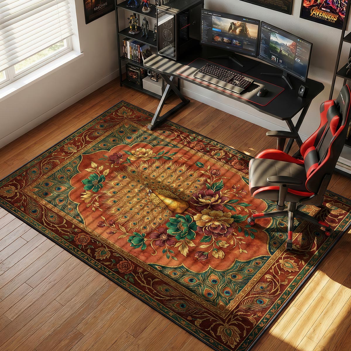 Golden Peacock themed area rug for home decor fans