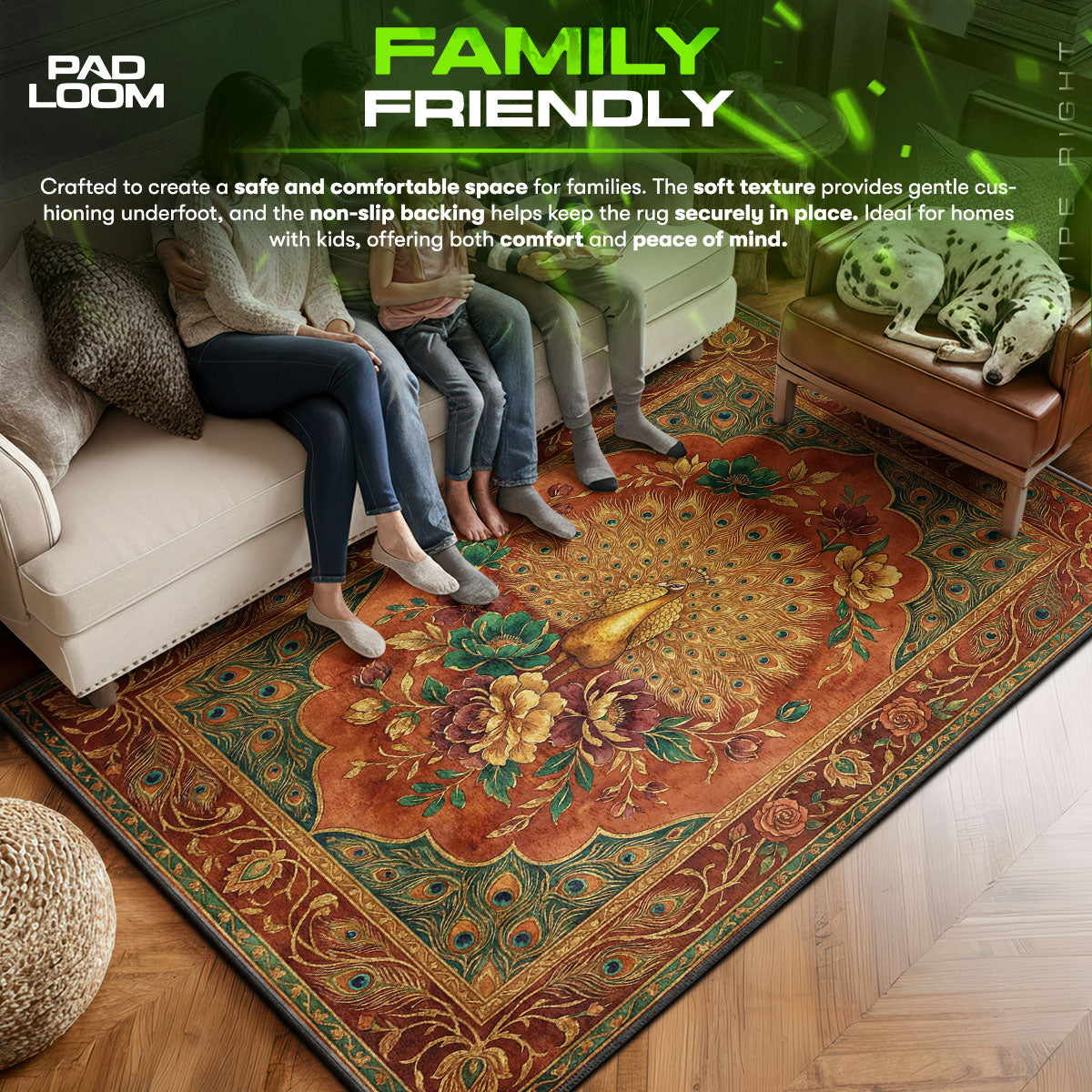 Golden Peacock Throne Regal Bird Area fan rug — premium quality print