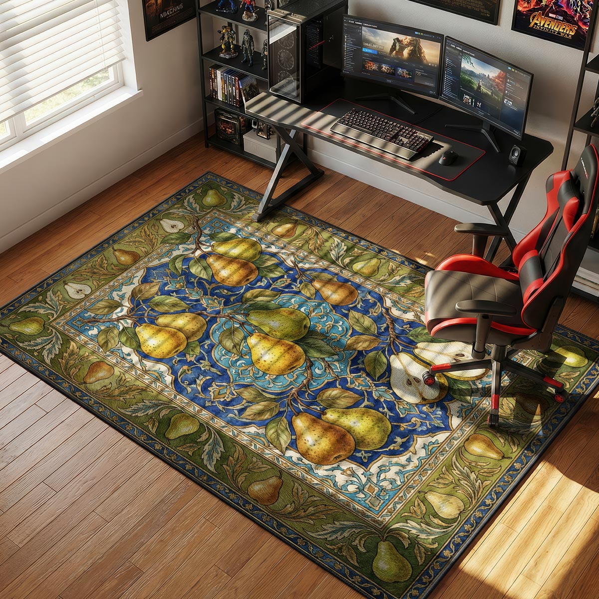Golden pear kitchen rug on cream tile floor near a wooden fruit bowl and farmhouse cabinetry