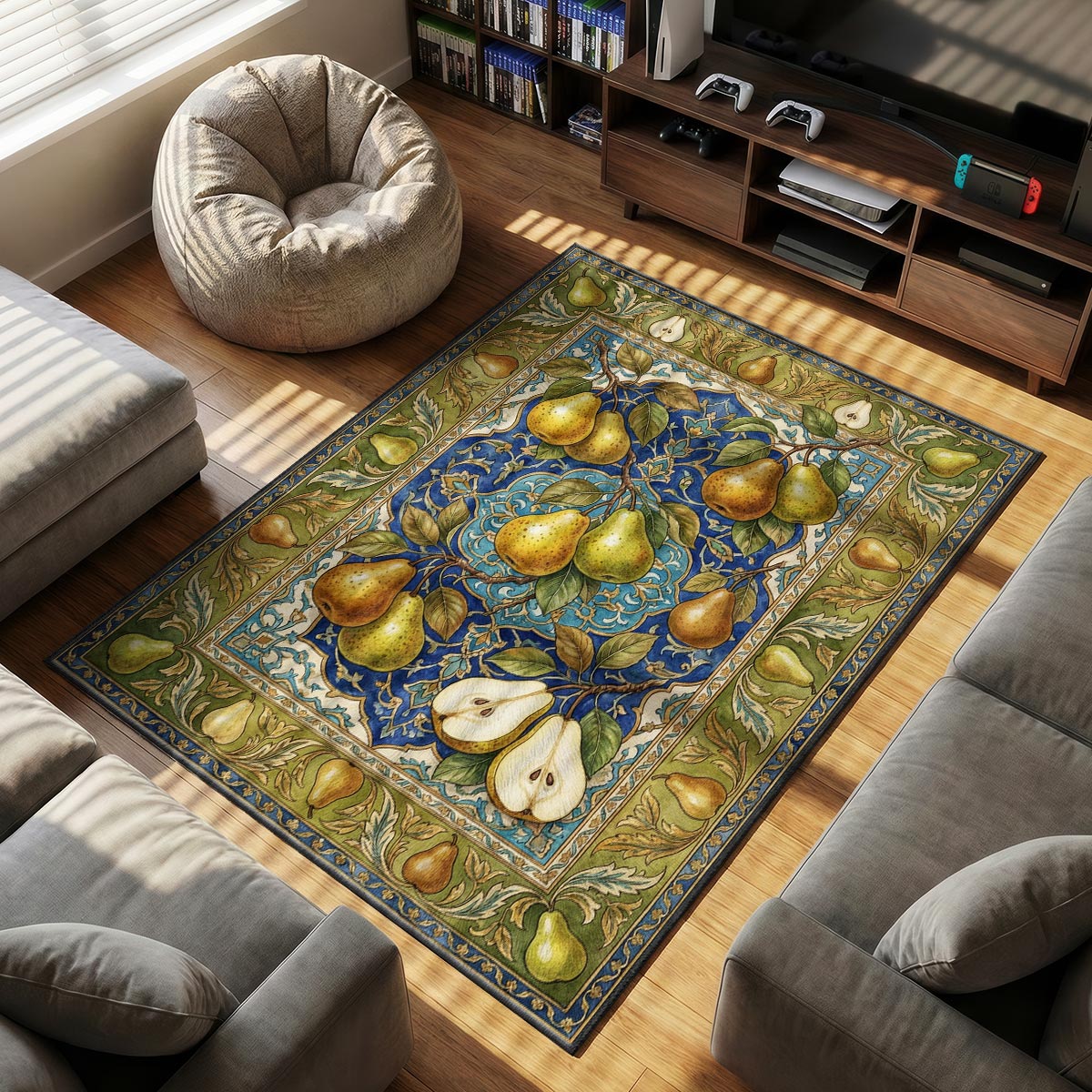 Close-up of pear mat showing speckled golden skin detail and turquoise tile background on velvet