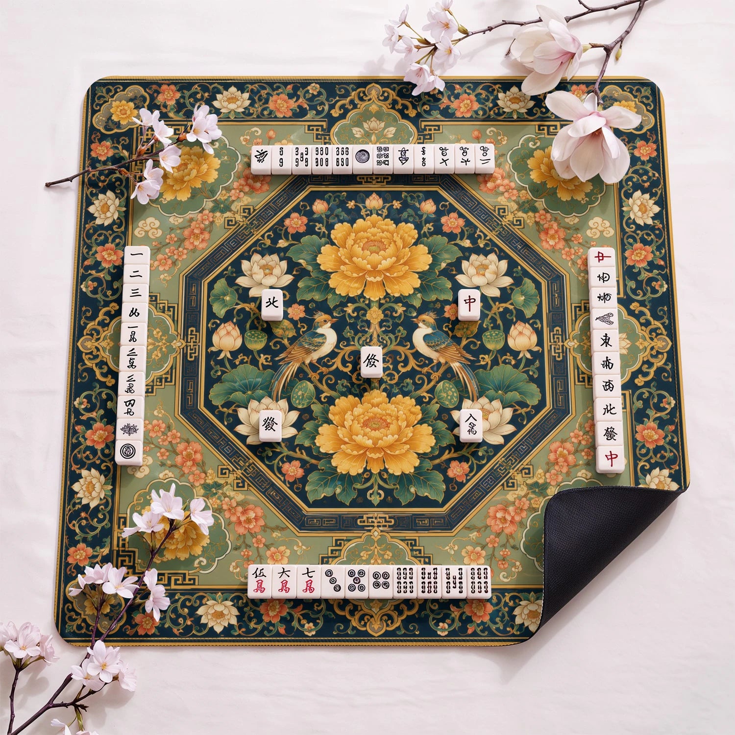 Golden Peony Imperial design close-up on mahjong mat surface