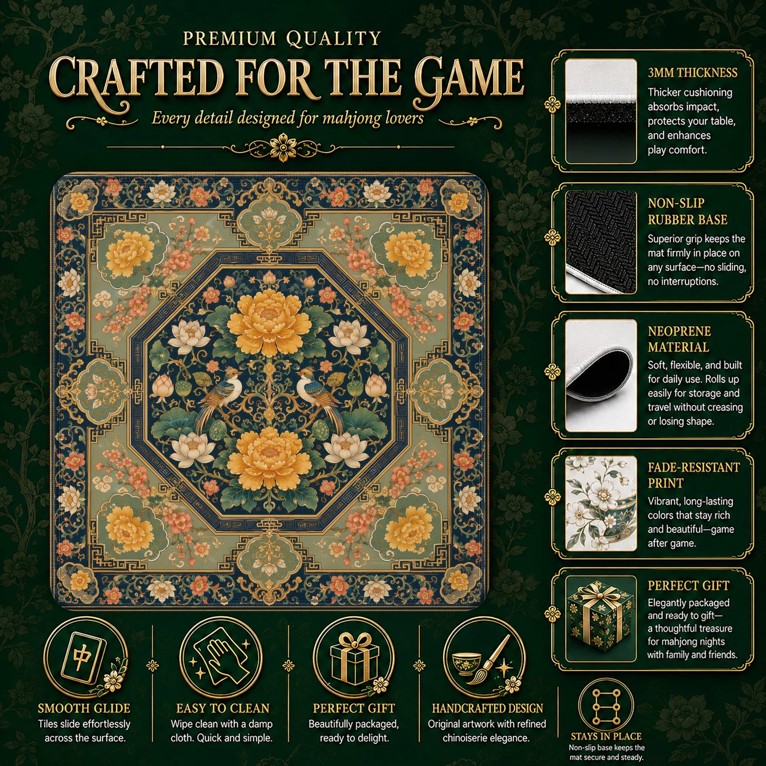 Golden Peony Imperial mahjong mat – M (60x60 cm) and L (81x81 cm) sizes
