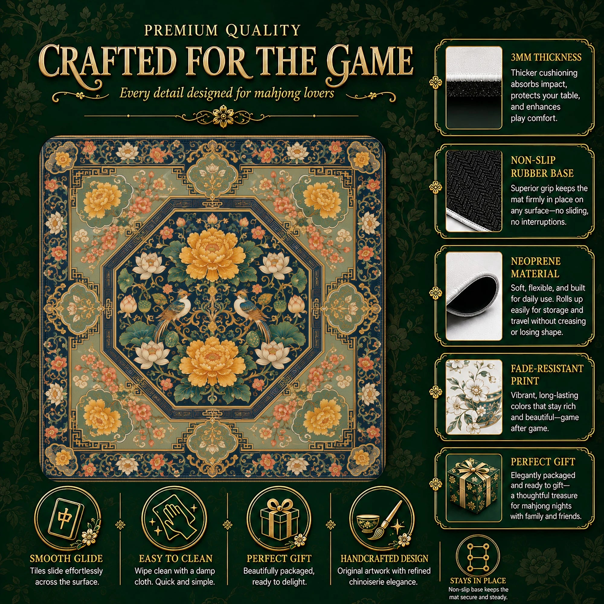 Golden Peony Imperial mahjong mat – M (60x60 cm) and L (81x81 cm) sizes