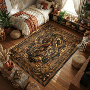 Golden pheasant woodland area rug with oak tree watercolor art and acorn border motifs