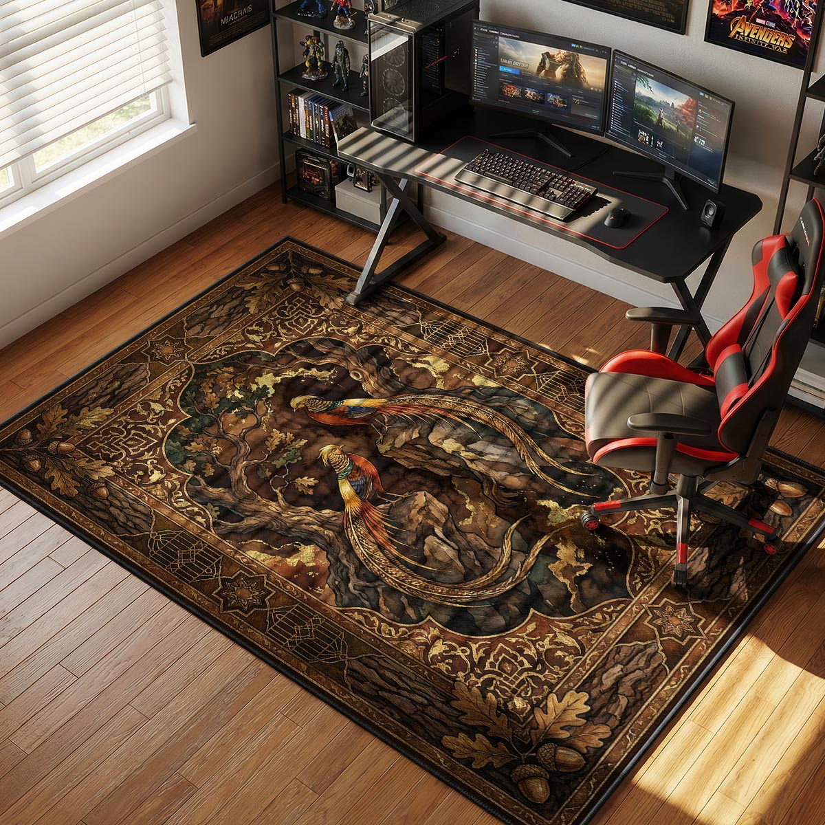 Woodland pheasant rug placed in a study with leather chair and dark wood bookshelves