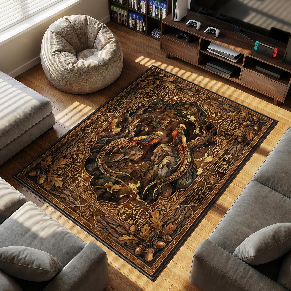 Close-up of golden pheasant area rug showing bark-textured border and plush surface detail