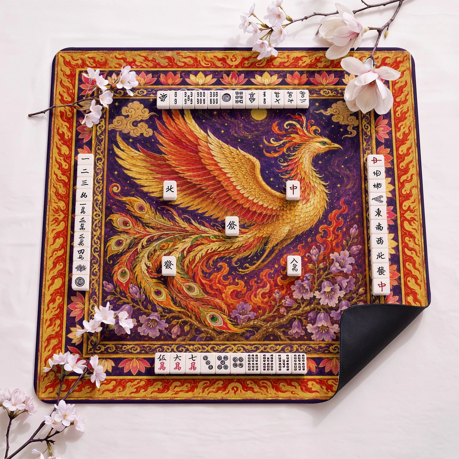 Golden Phoenix design close-up on mahjong mat surface