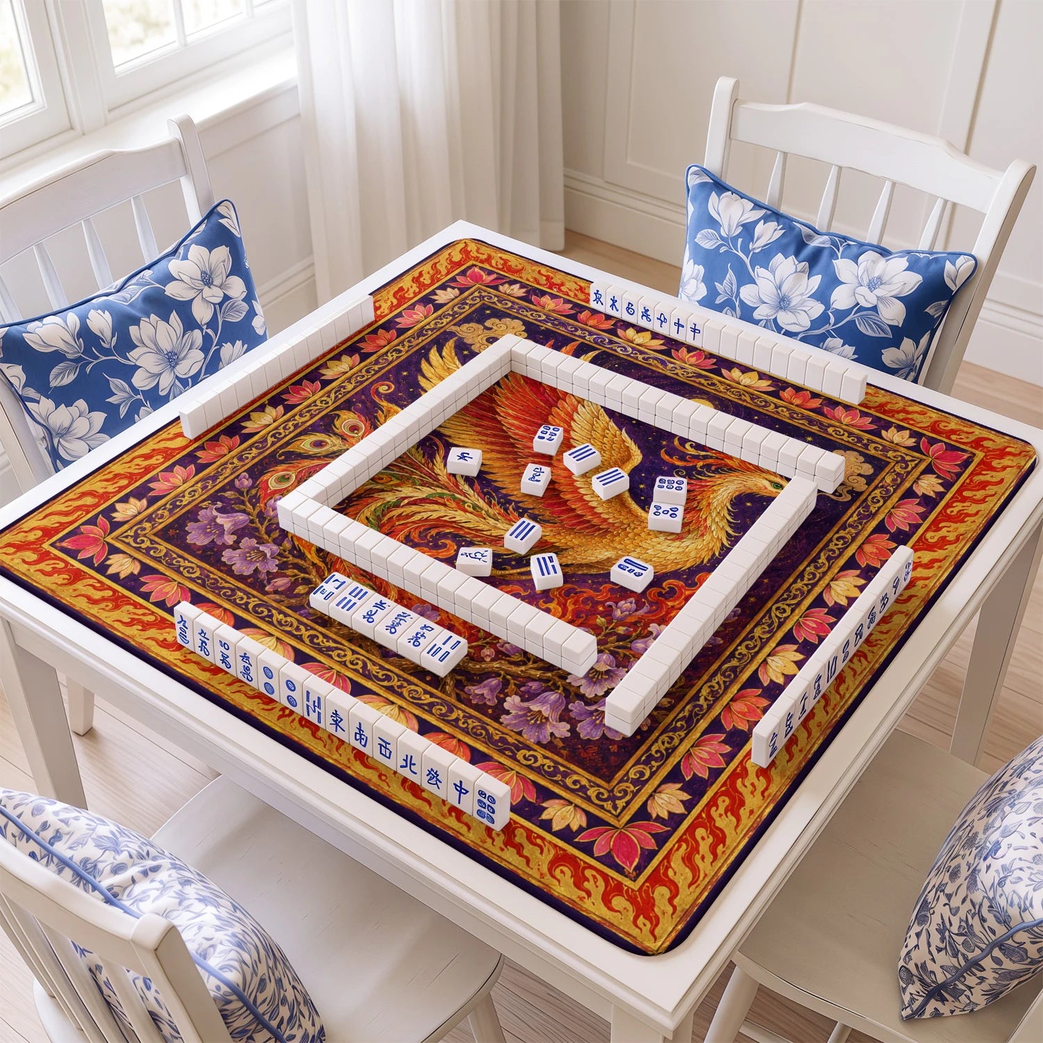Golden Phoenix mahjong mat with tiles and racks on the table