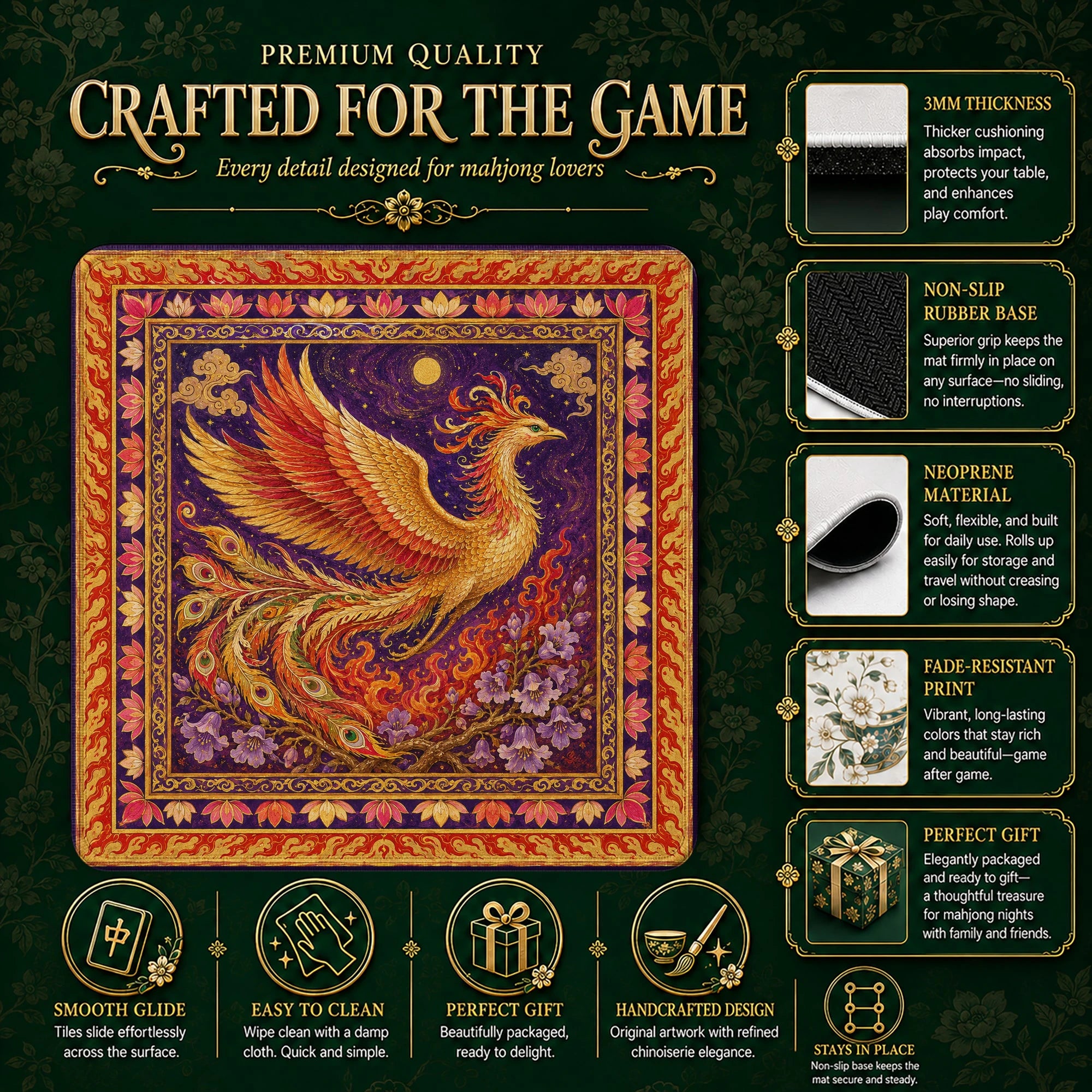 Golden Phoenix Mahjong Mat – neoprene mah jongg table mat