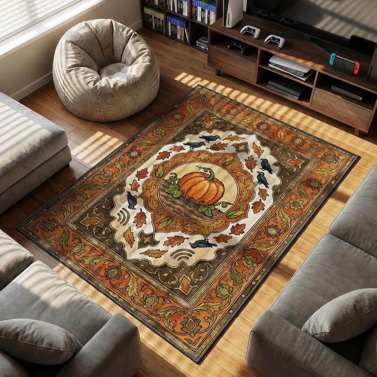 Golden Pumpkin themed area rug for home decor fans