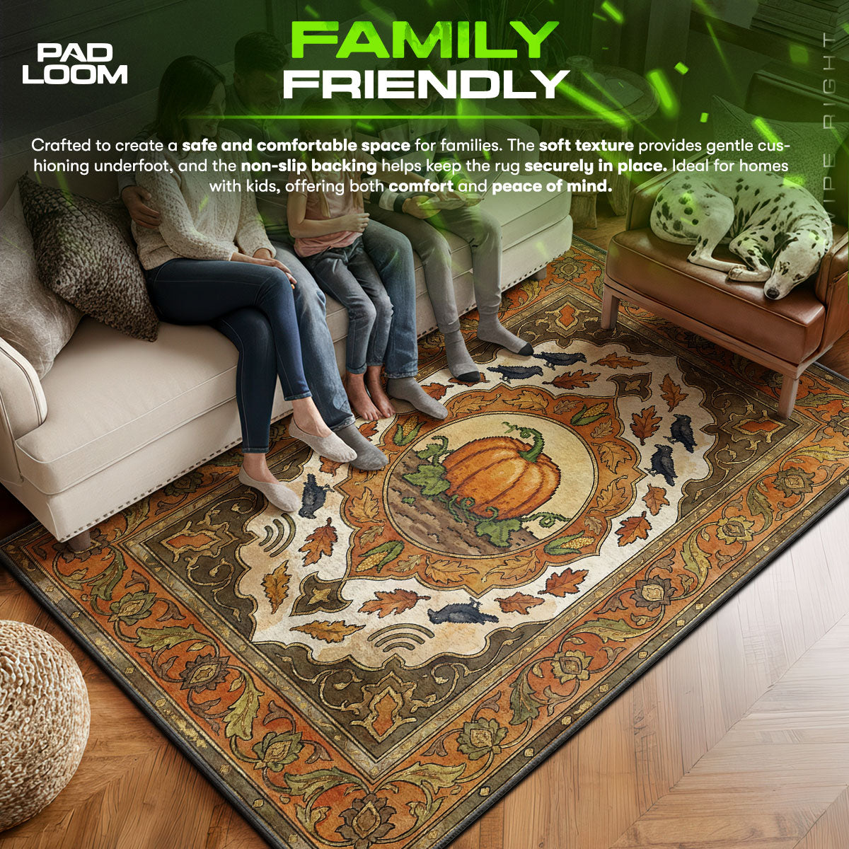 Golden area rug showing full home decor artwork