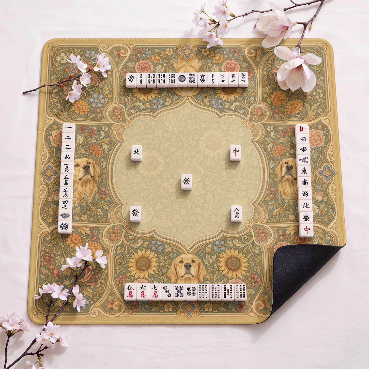 Golden Retriever design close-up on mahjong mat surface