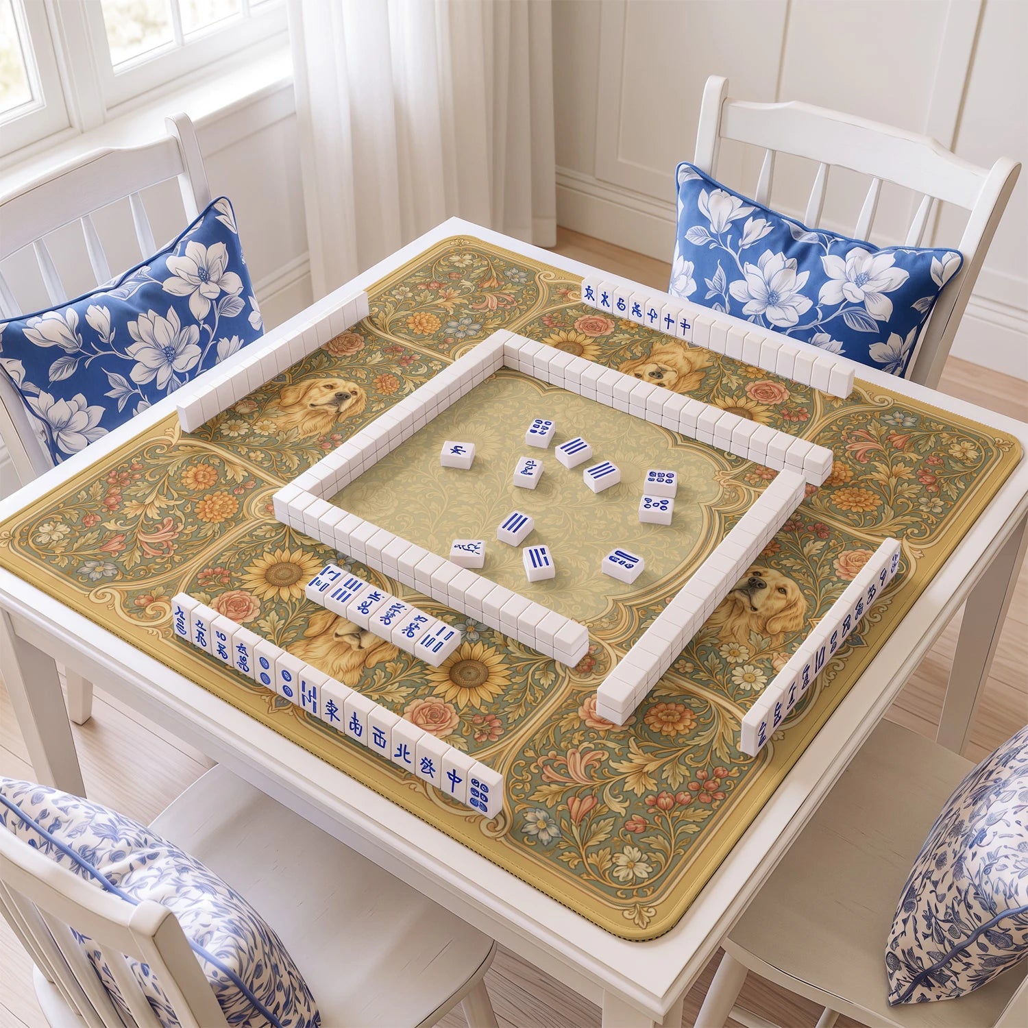 Golden Retriever mahjong mat with tiles and racks on the table