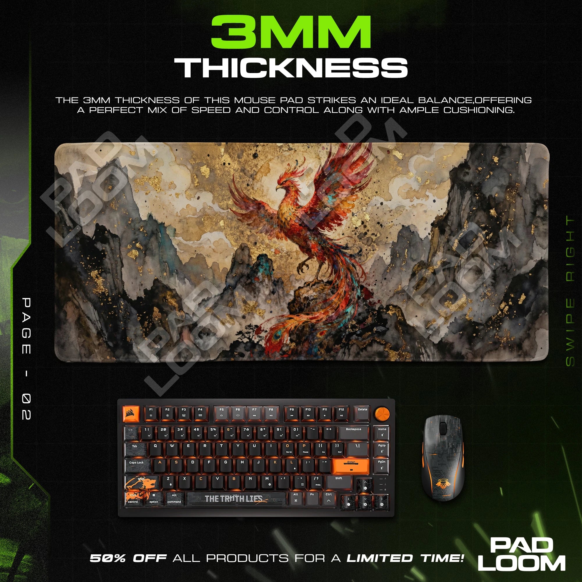 Golden Rise Phoenix Mouse Pad - Chinese Ink Desk Mat