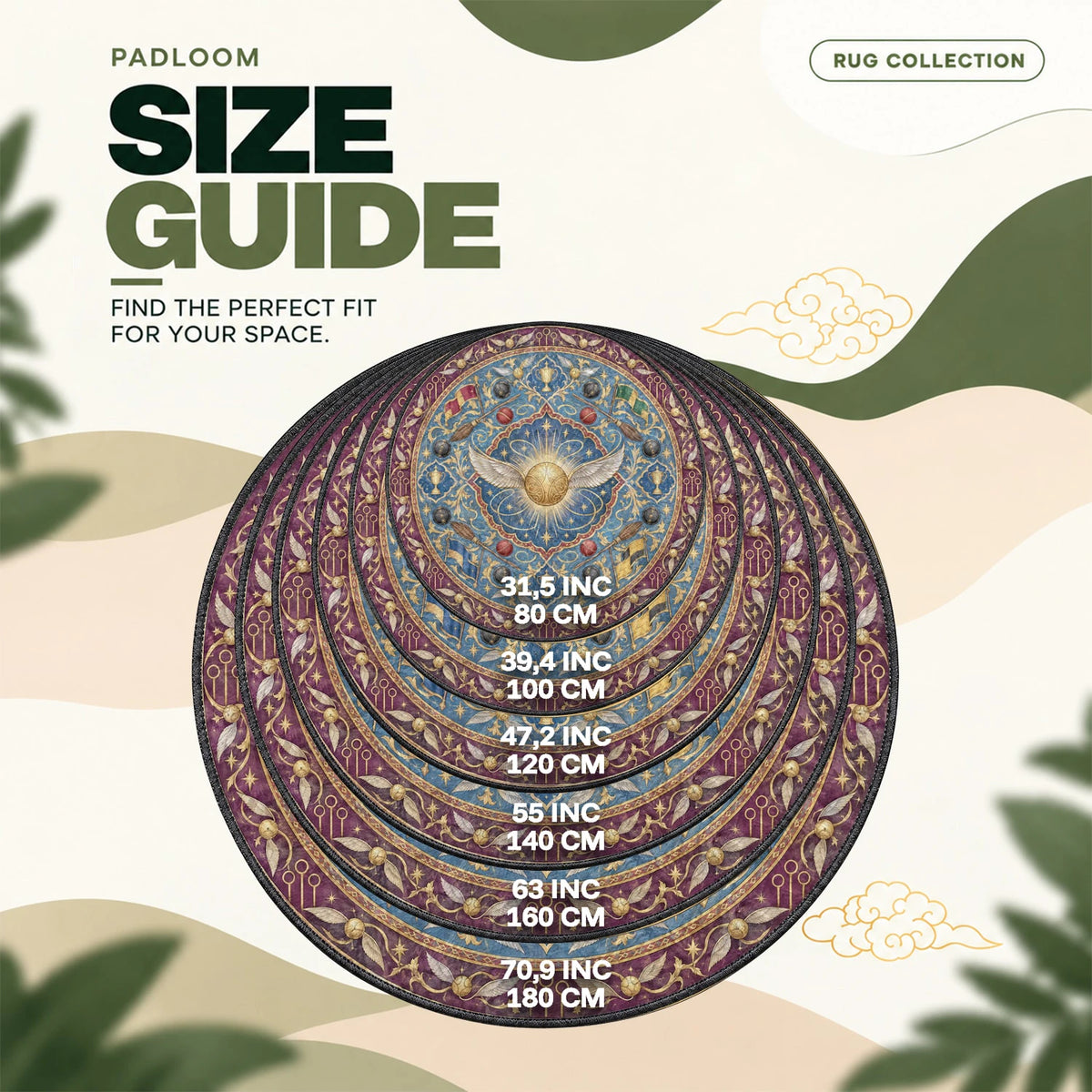 Golden Snitch Medallion round rug size guide, 80 to 180 cm (31.5 to 70.9 in)