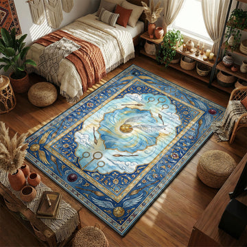 Golden Snitch flying through Quidditch hoops watercolor art style movie themed area rug and home theater mat