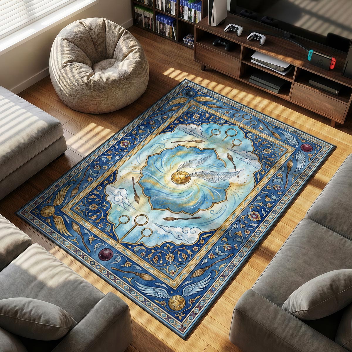 Golden Snitch themed area rug for home decor fans