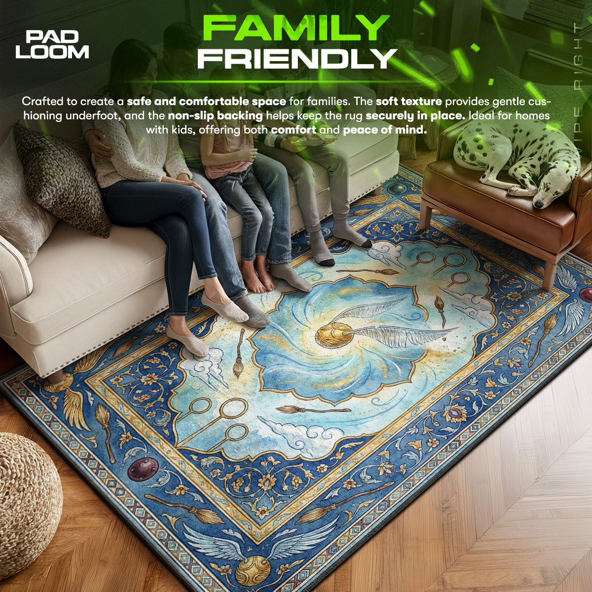 Golden area rug showing full home decor artwork