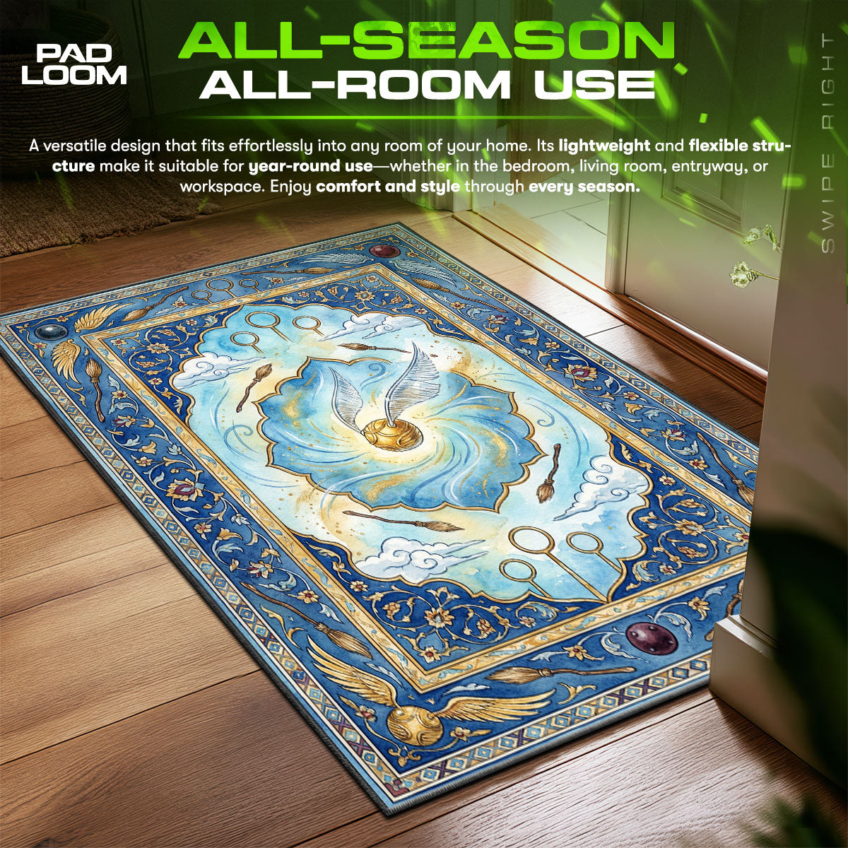 Golden Snitch Quidditch Match Harry Potter Room fan rug — premium quality print